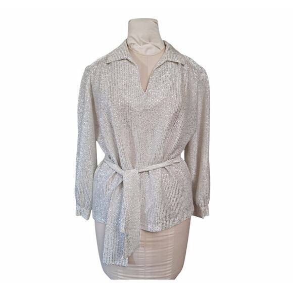 MY KINDA GAL Vintage Metallic Top Silver Cream Loose Boxy Blouse Belt Tie Bow - Picture 1 of 13